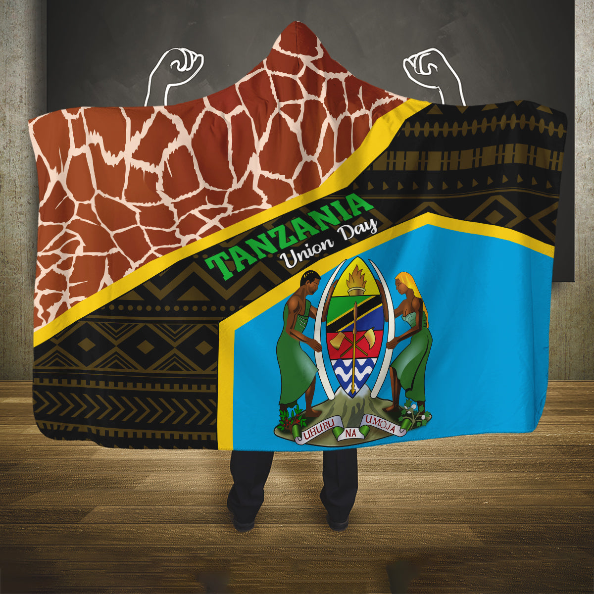 Tanzania Union Day 2024 Hooded Blanket Uhuru na Umoja Giraffe Pattern