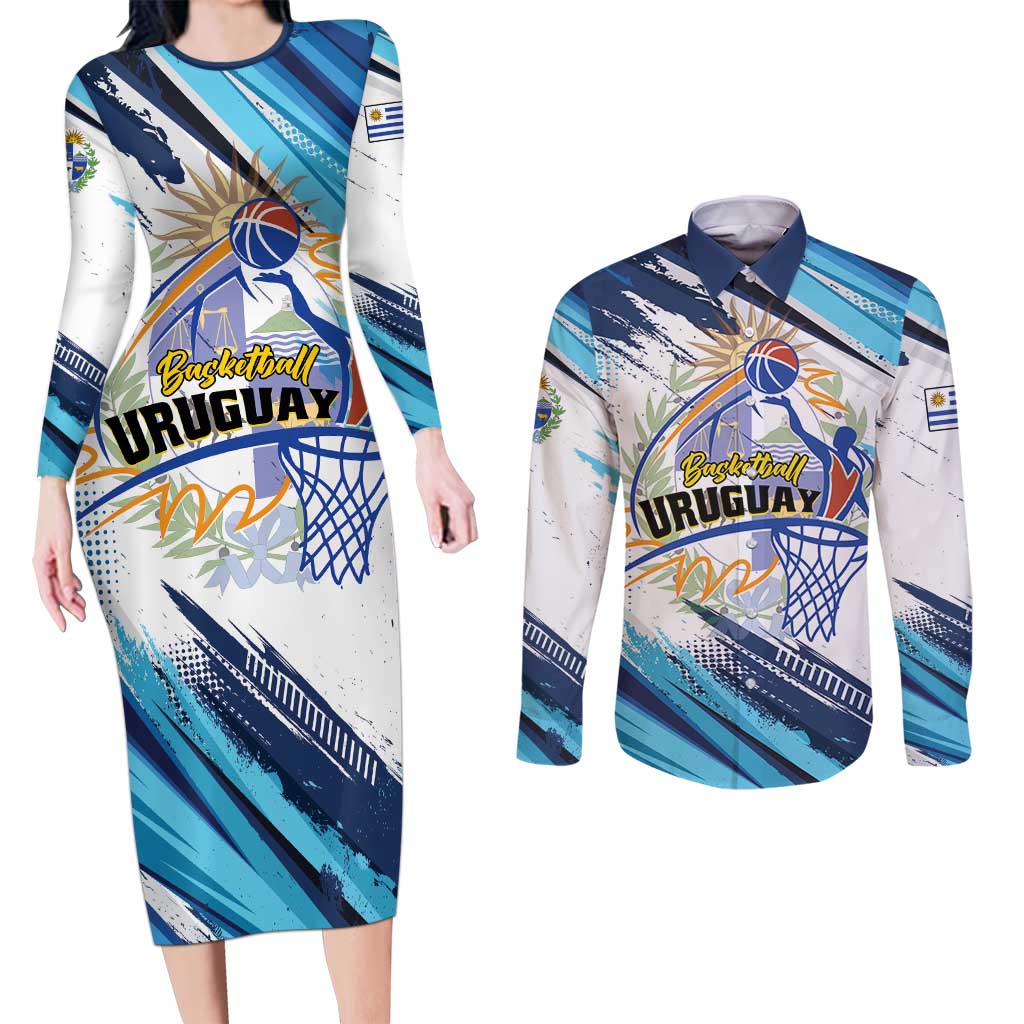 Uruguay Basketball Custom Couples Matching Long Sleeve Bodycon Dress and Long Sleeve Button Shirt Charruas Go Champion