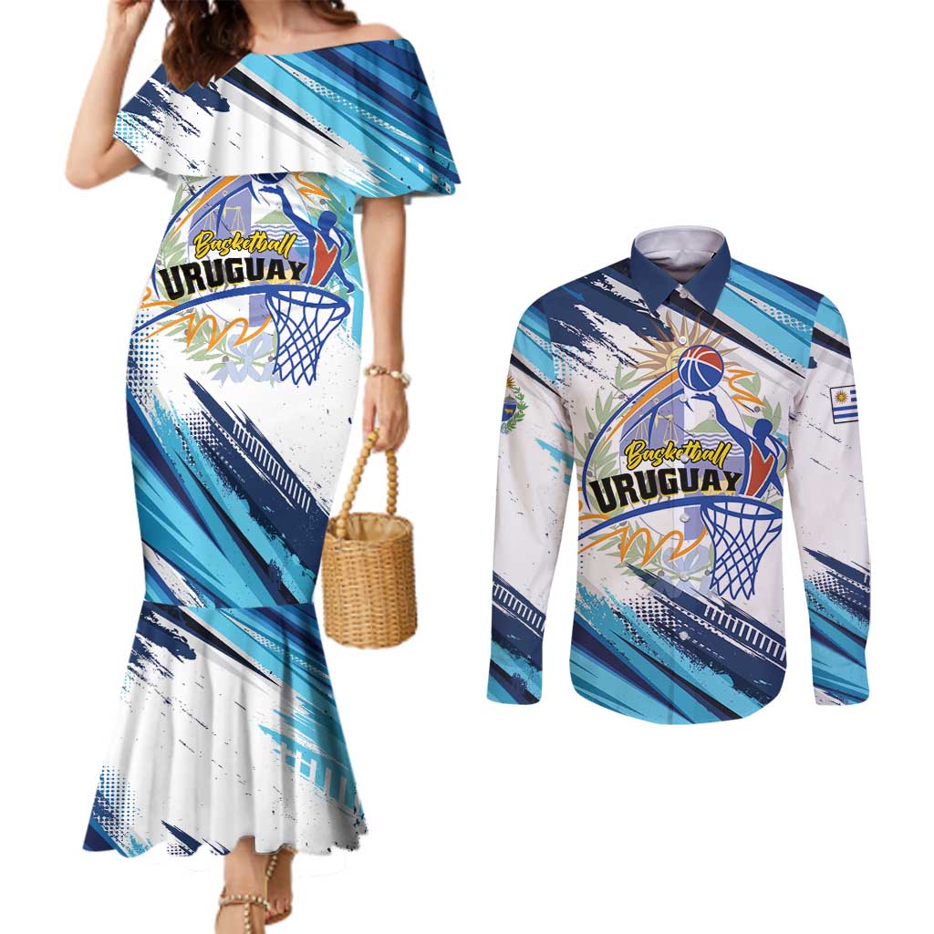 Uruguay Basketball Custom Couples Matching Mermaid Dress and Long Sleeve Button Shirt Charruas Go Champion