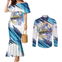 Uruguay Basketball Custom Couples Matching Mermaid Dress and Long Sleeve Button Shirt Charruas Go Champion