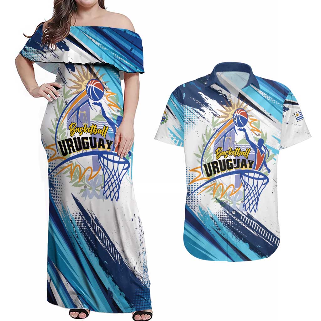 Uruguay Basketball Custom Couples Matching Off Shoulder Maxi Dress and Hawaiian Shirt Charruas Go Champion