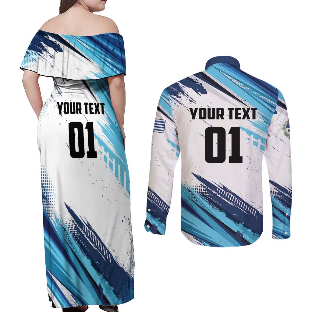 Uruguay Basketball Custom Couples Matching Off Shoulder Maxi Dress and Long Sleeve Button Shirt Charruas Go Champion