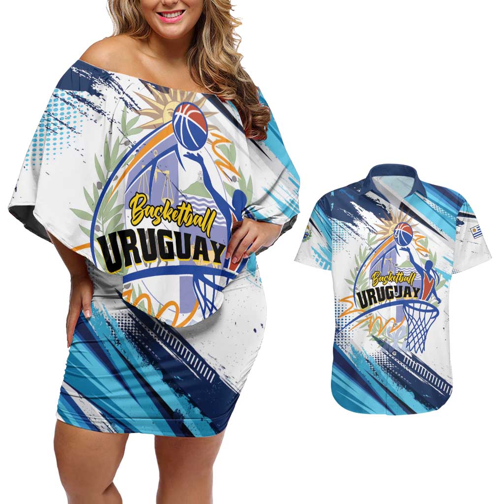 Uruguay Basketball Custom Couples Matching Off Shoulder Short Dress and Hawaiian Shirt Charruas Go Champion