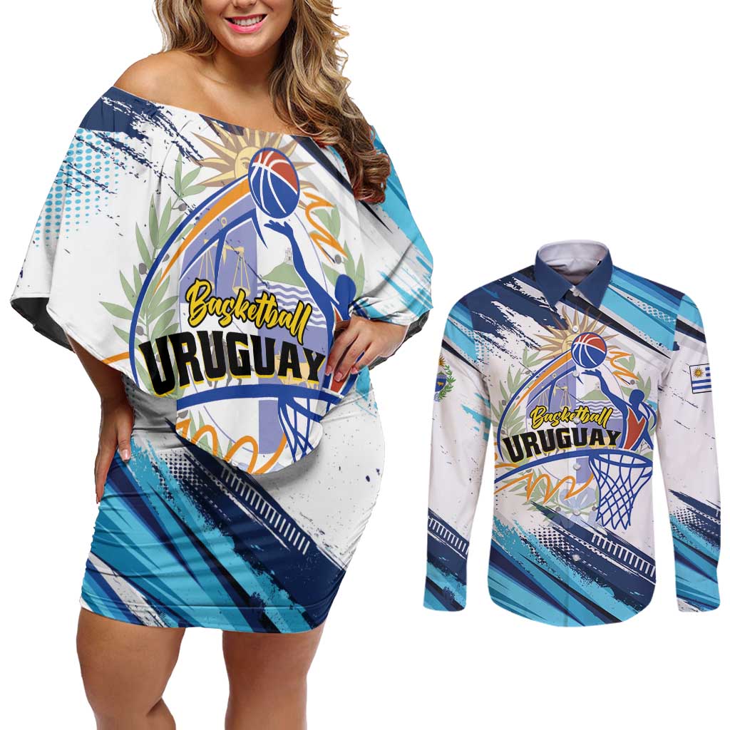 Uruguay Basketball Custom Couples Matching Off Shoulder Short Dress and Long Sleeve Button Shirt Charruas Go Champion