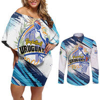 Uruguay Basketball Custom Couples Matching Off Shoulder Short Dress and Long Sleeve Button Shirt Charruas Go Champion
