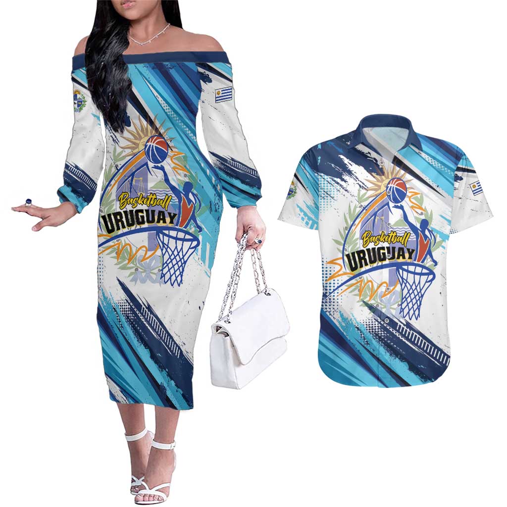 Uruguay Basketball Custom Couples Matching Off The Shoulder Long Sleeve Dress and Hawaiian Shirt Charruas Go Champion