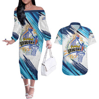 Uruguay Basketball Custom Couples Matching Off The Shoulder Long Sleeve Dress and Hawaiian Shirt Charruas Go Champion