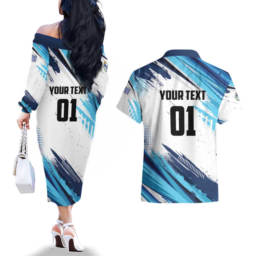 Uruguay Basketball Custom Couples Matching Off The Shoulder Long Sleeve Dress and Hawaiian Shirt Charruas Go Champion
