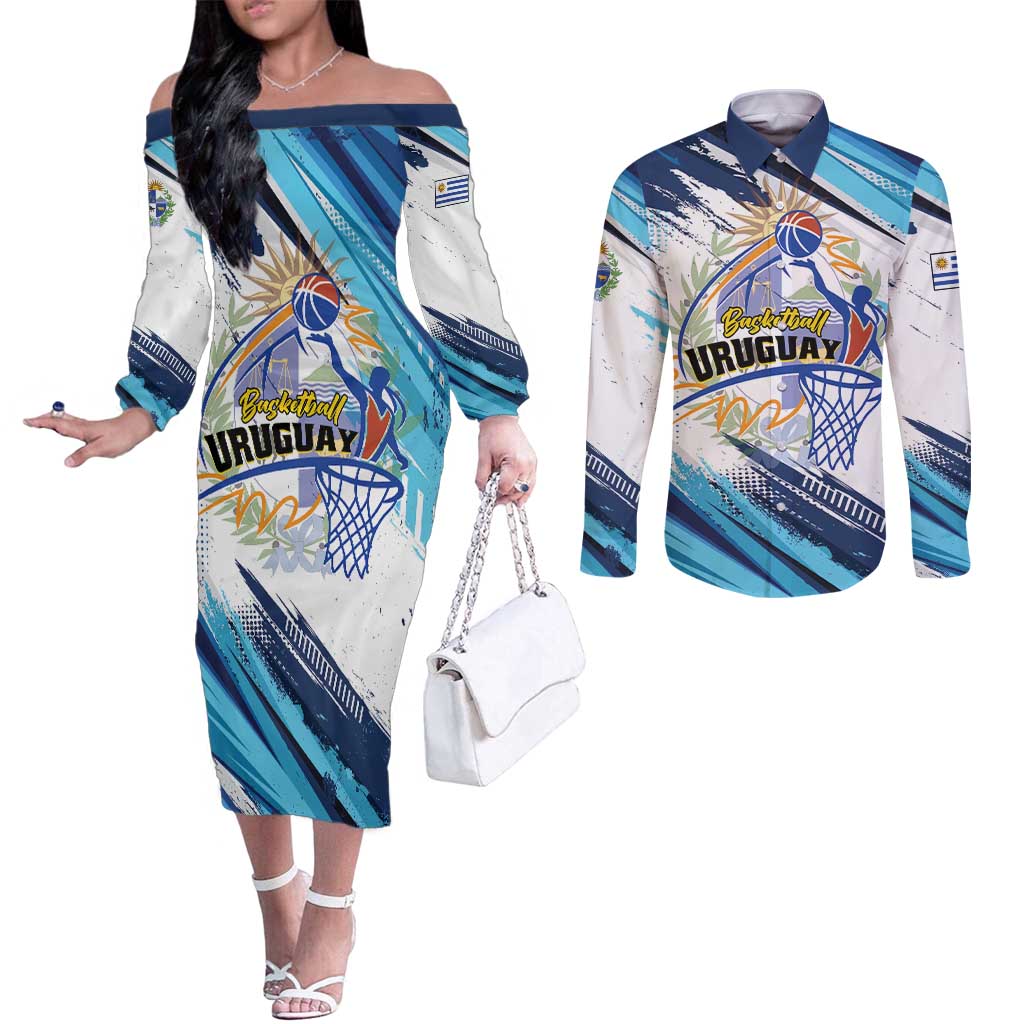 Uruguay Basketball Custom Couples Matching Off The Shoulder Long Sleeve Dress and Long Sleeve Button Shirt Charruas Go Champion
