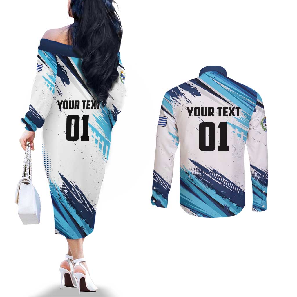 Uruguay Basketball Custom Couples Matching Off The Shoulder Long Sleeve Dress and Long Sleeve Button Shirt Charruas Go Champion