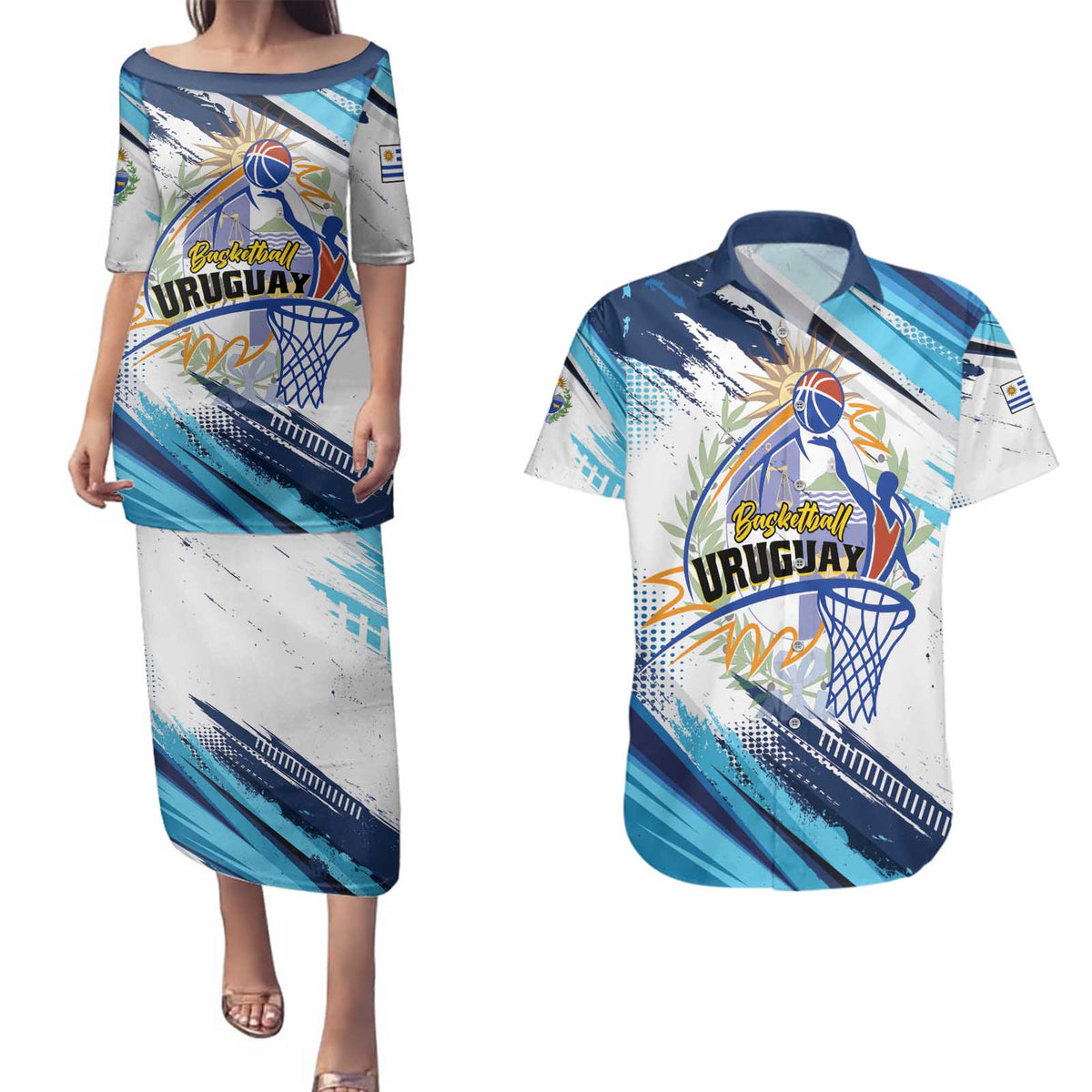 Uruguay Basketball Custom Couples Matching Puletasi and Hawaiian Shirt Charruas Go Champion
