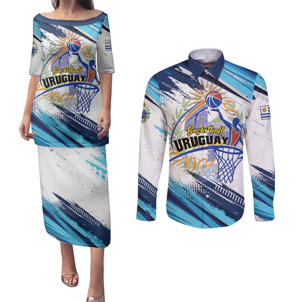 Uruguay Basketball Custom Couples Matching Puletasi and Long Sleeve Button Shirt Charruas Go Champion