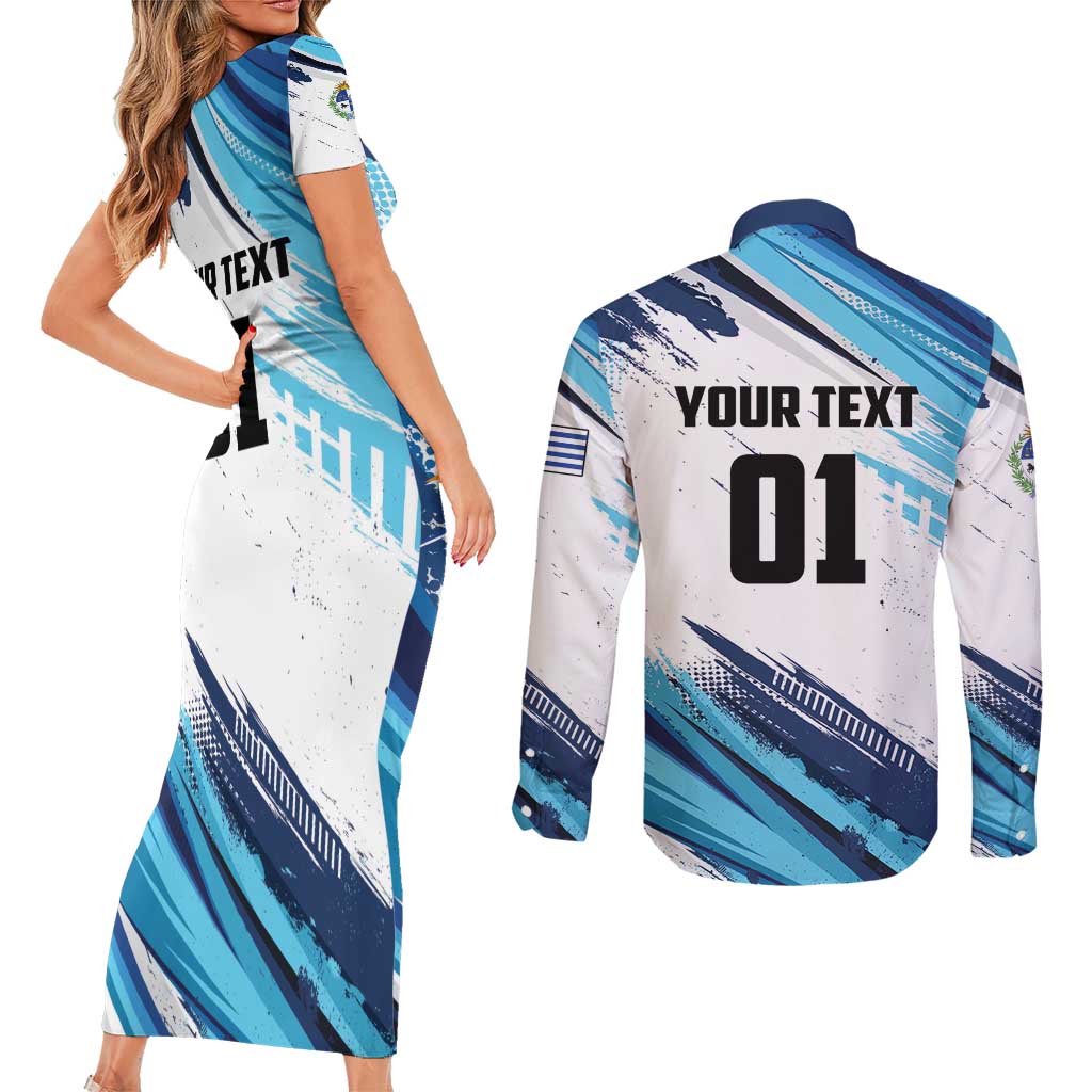 Uruguay Basketball Custom Couples Matching Short Sleeve Bodycon Dress and Long Sleeve Button Shirt Charruas Go Champion