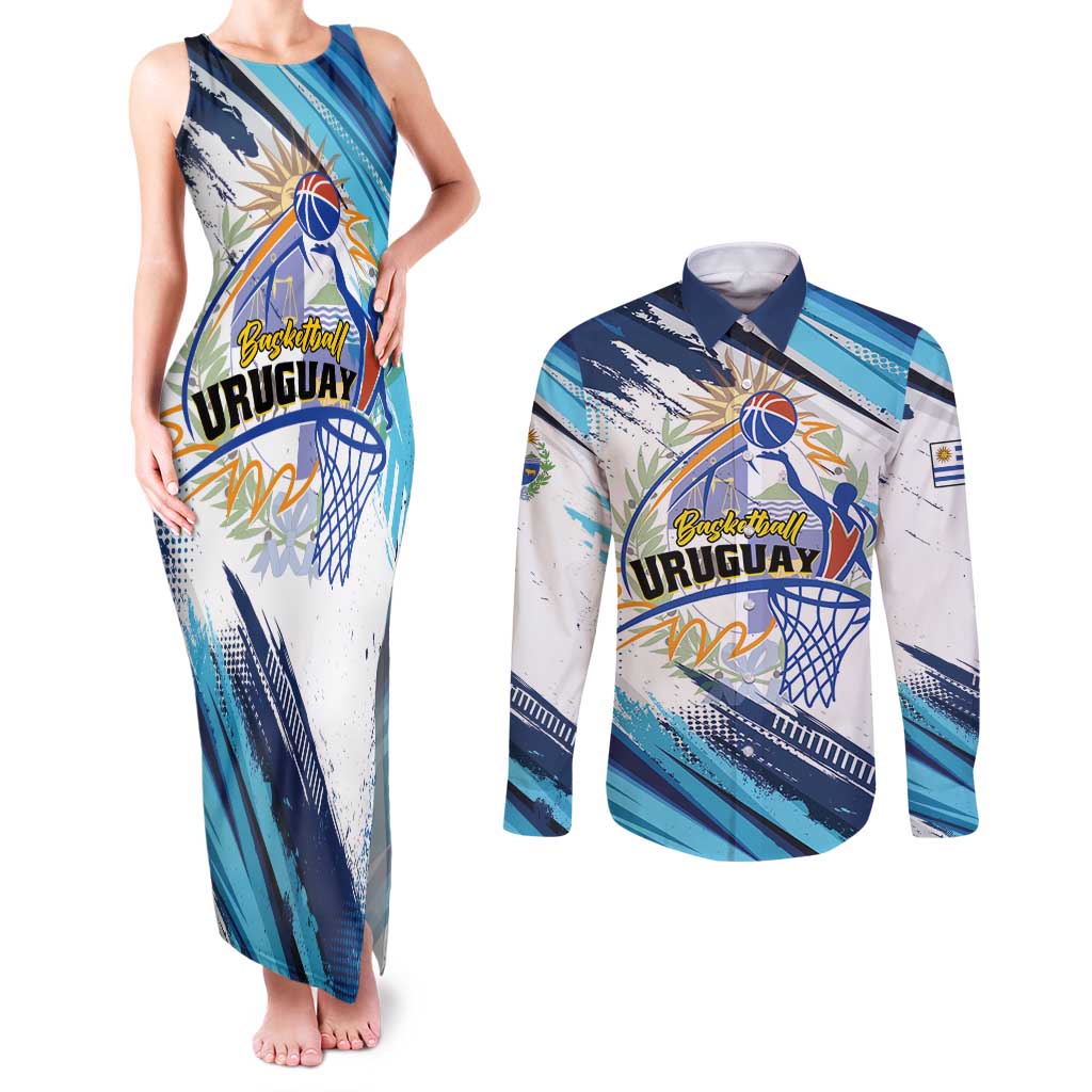 Uruguay Basketball Custom Couples Matching Tank Maxi Dress and Long Sleeve Button Shirt Charruas Go Champion