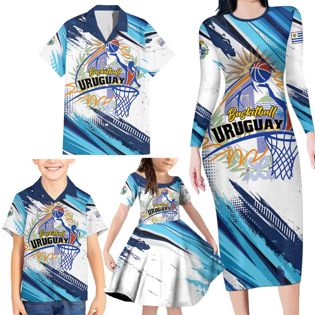 Uruguay Basketball Custom Family Matching Long Sleeve Bodycon Dress and Hawaiian Shirt Charruas Go Champion