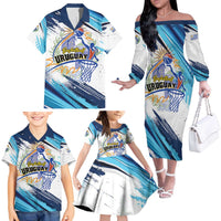 Uruguay Basketball Custom Family Matching Off The Shoulder Long Sleeve Dress and Hawaiian Shirt Charruas Go Champion