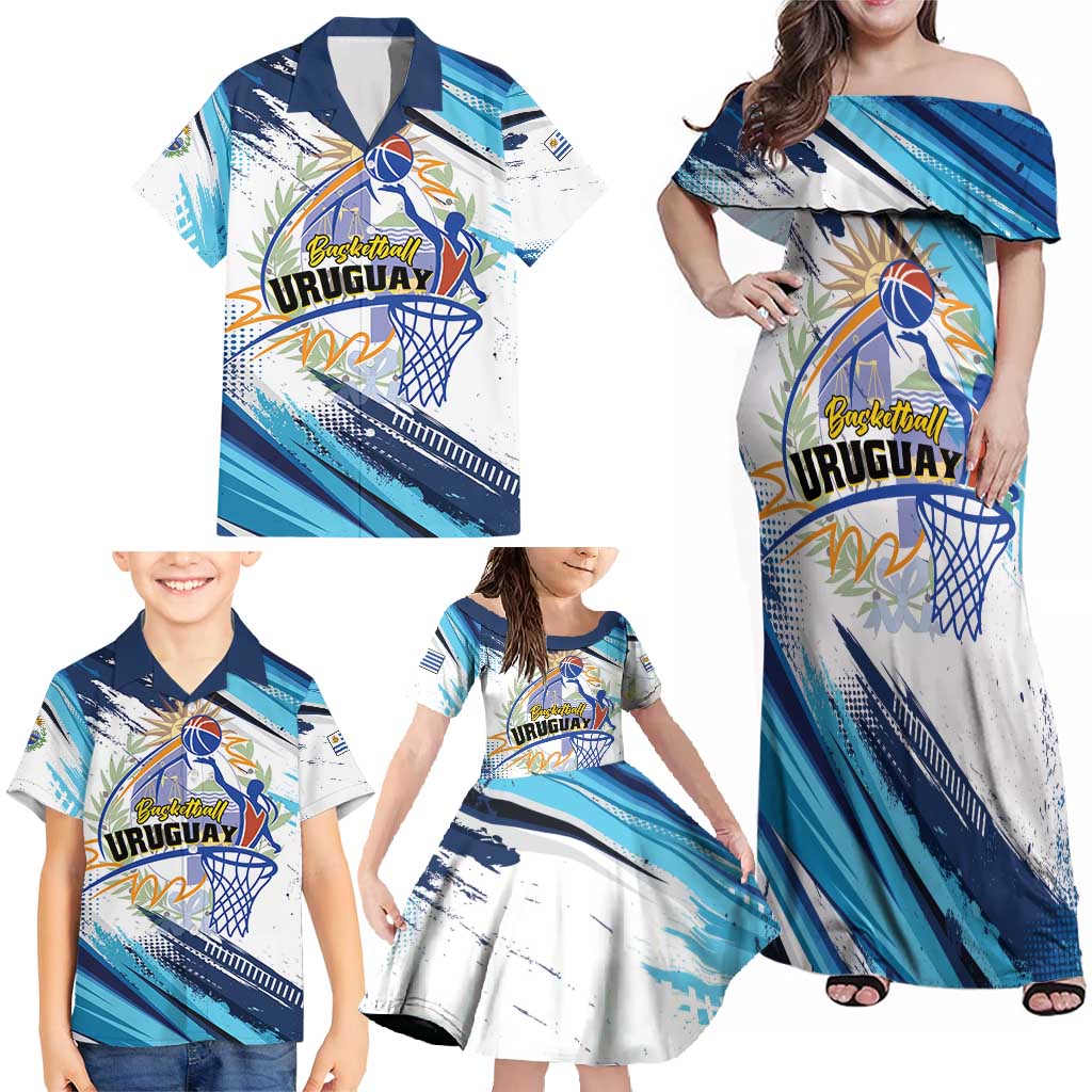 Uruguay Basketball Custom Family Matching Off Shoulder Maxi Dress and Hawaiian Shirt Charruas Go Champion