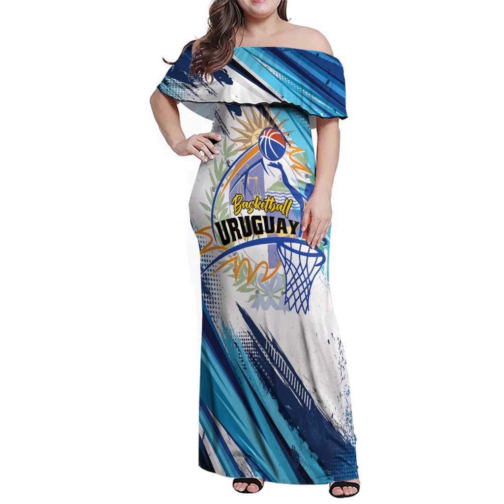 Uruguay Basketball Custom Family Matching Off Shoulder Maxi Dress and Hawaiian Shirt Charruas Go Champion