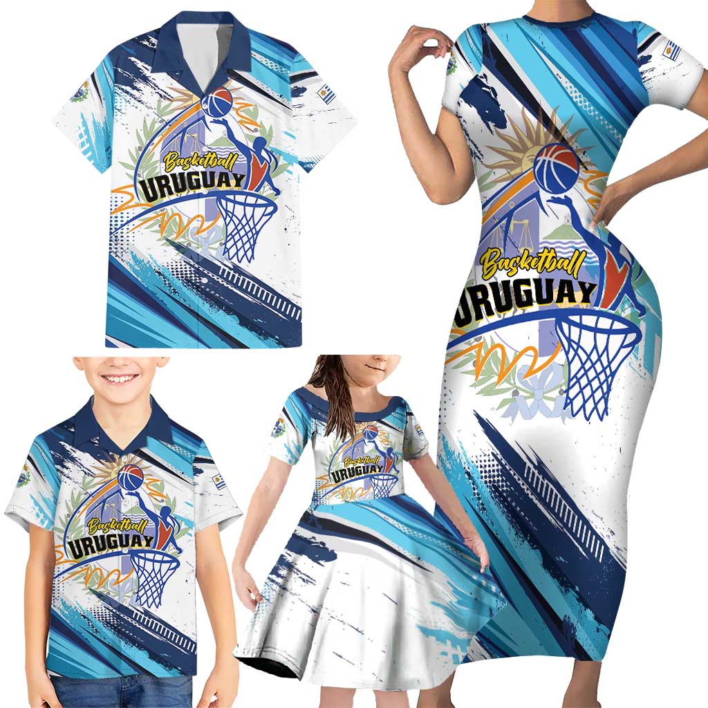 Uruguay Basketball Custom Family Matching Short Sleeve Bodycon Dress and Hawaiian Shirt Charruas Go Champion