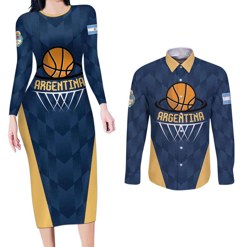 Argentina Basketball Custom Couples Matching Long Sleeve Bodycon Dress and Long Sleeve Button Shirt Go El Alma Argentina