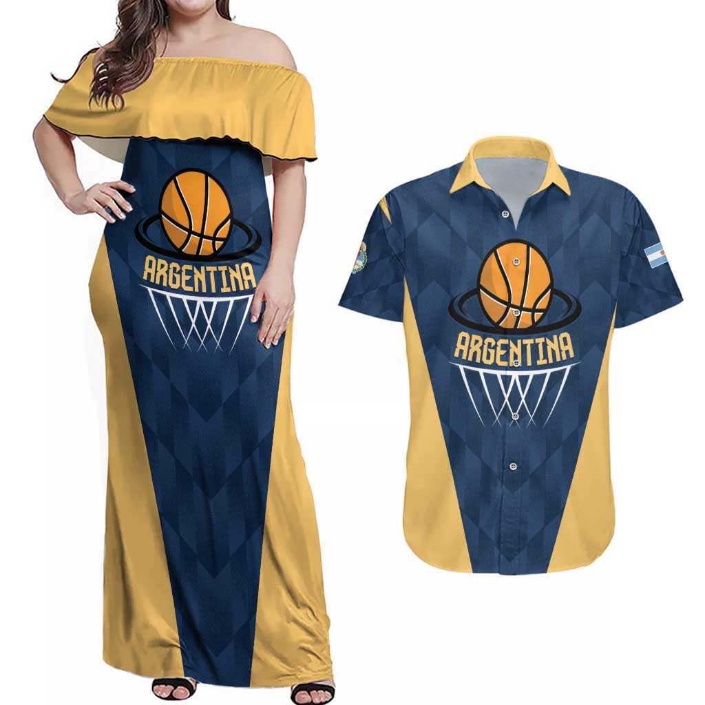 Argentina Basketball Custom Couples Matching Off Shoulder Maxi Dress and Hawaiian Shirt Go El Alma Argentina