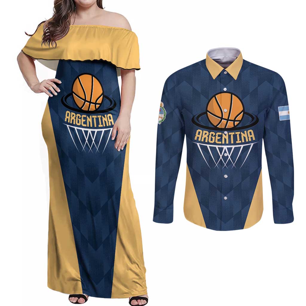 Argentina Basketball Custom Couples Matching Off Shoulder Maxi Dress and Long Sleeve Button Shirt Go El Alma Argentina