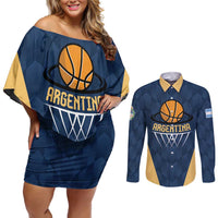 Argentina Basketball Custom Couples Matching Off Shoulder Short Dress and Long Sleeve Button Shirt Go El Alma Argentina