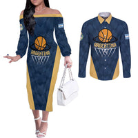 Argentina Basketball Custom Couples Matching Off The Shoulder Long Sleeve Dress and Long Sleeve Button Shirt Go El Alma Argentina