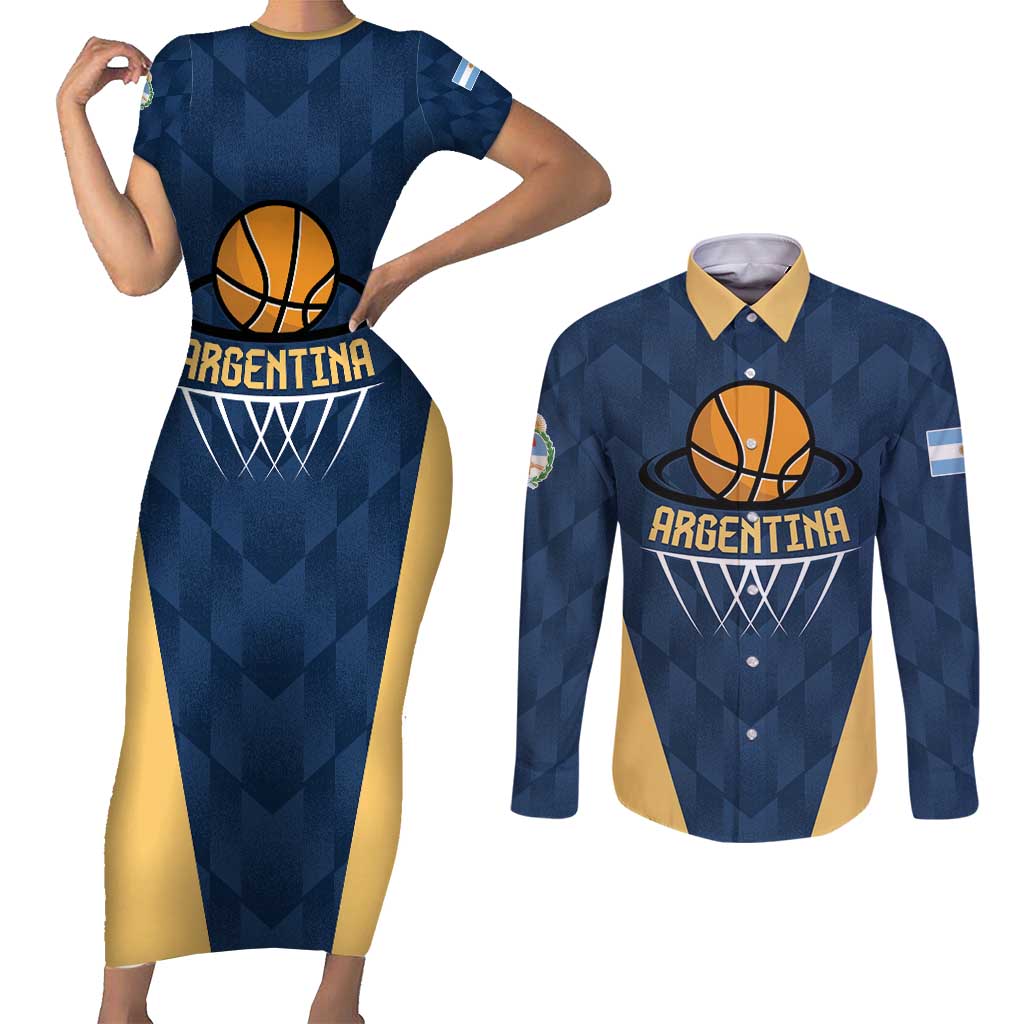 Argentina Basketball Custom Couples Matching Short Sleeve Bodycon Dress and Long Sleeve Button Shirt Go El Alma Argentina