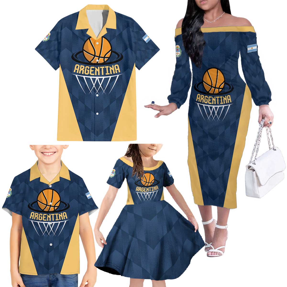 Argentina Basketball Custom Family Matching Off The Shoulder Long Sleeve Dress and Hawaiian Shirt Go El Alma Argentina