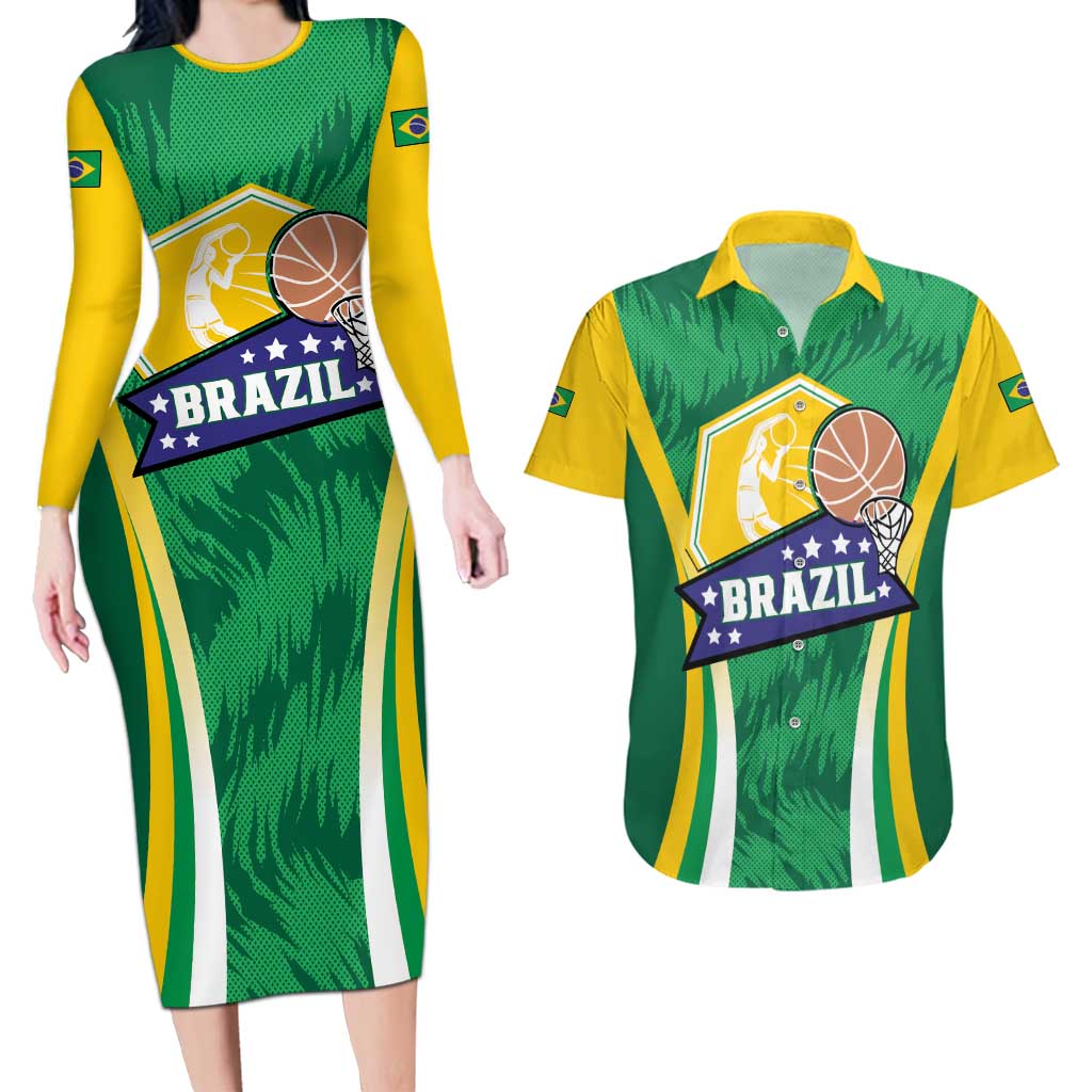 Brazil Basketball Custom Couples Matching Long Sleeve Bodycon Dress and Hawaiian Shirt Come On Brasil Cariocas