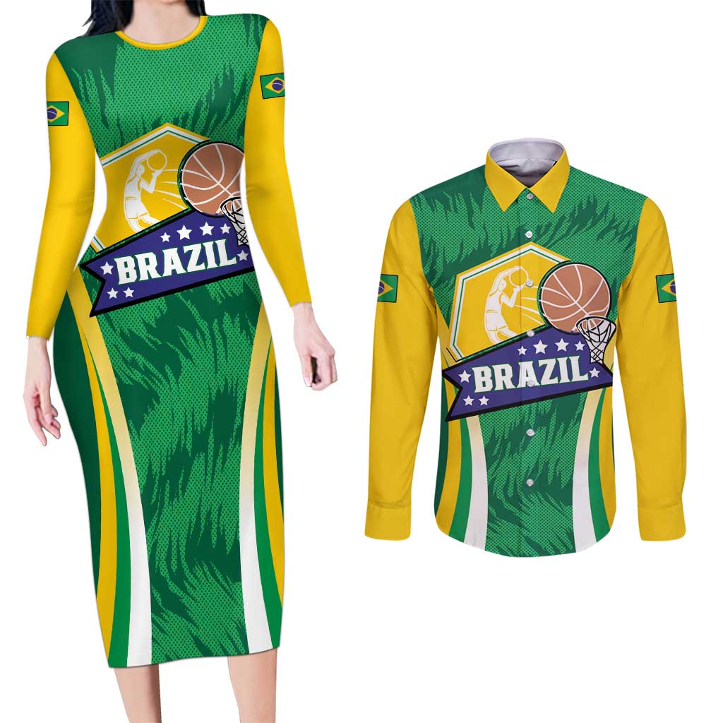 Brazil Basketball Custom Couples Matching Long Sleeve Bodycon Dress and Long Sleeve Button Shirt Come On Brasil Cariocas