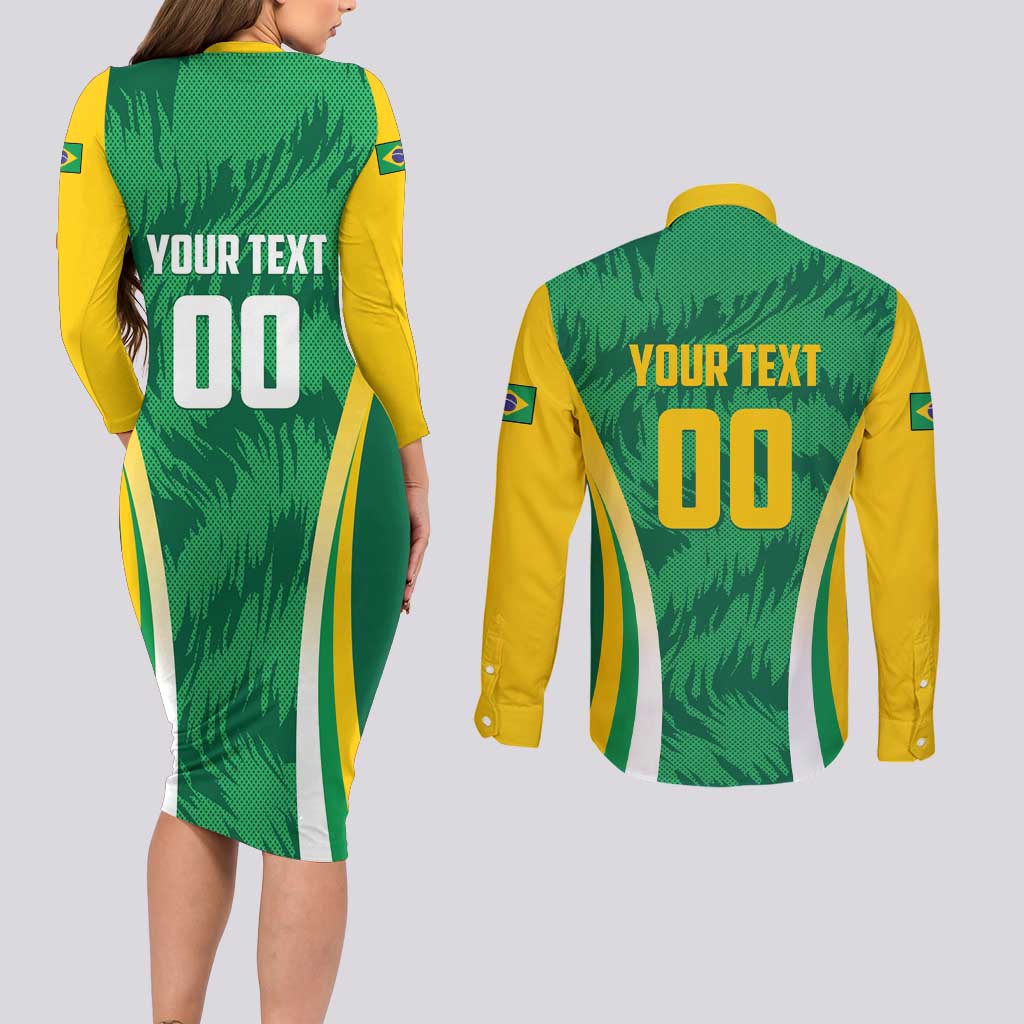 Brazil Basketball Custom Couples Matching Long Sleeve Bodycon Dress and Long Sleeve Button Shirt Come On Brasil Cariocas