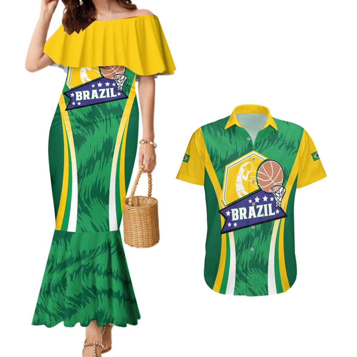 Brazil Basketball Custom Couples Matching Mermaid Dress and Hawaiian Shirt Come On Brasil Cariocas