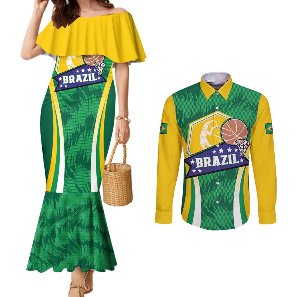 Brazil Basketball Custom Couples Matching Mermaid Dress and Long Sleeve Button Shirt Come On Brasil Cariocas