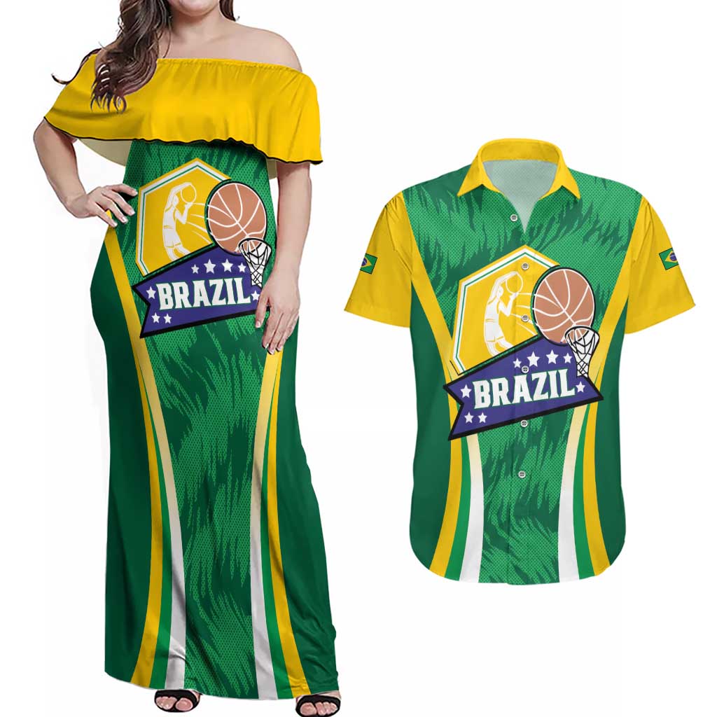 Brazil Basketball Custom Couples Matching Off Shoulder Maxi Dress and Hawaiian Shirt Come On Brasil Cariocas