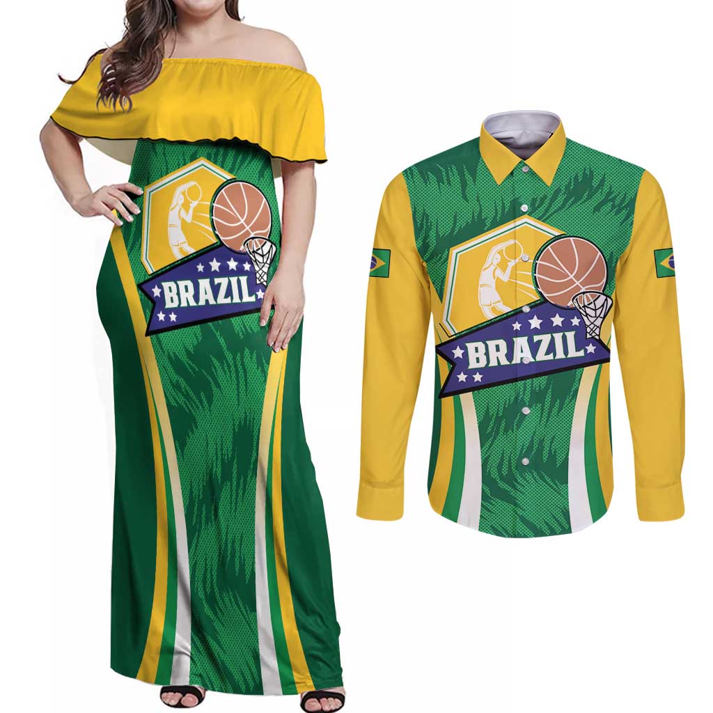Brazil Basketball Custom Couples Matching Off Shoulder Maxi Dress and Long Sleeve Button Shirt Come On Brasil Cariocas