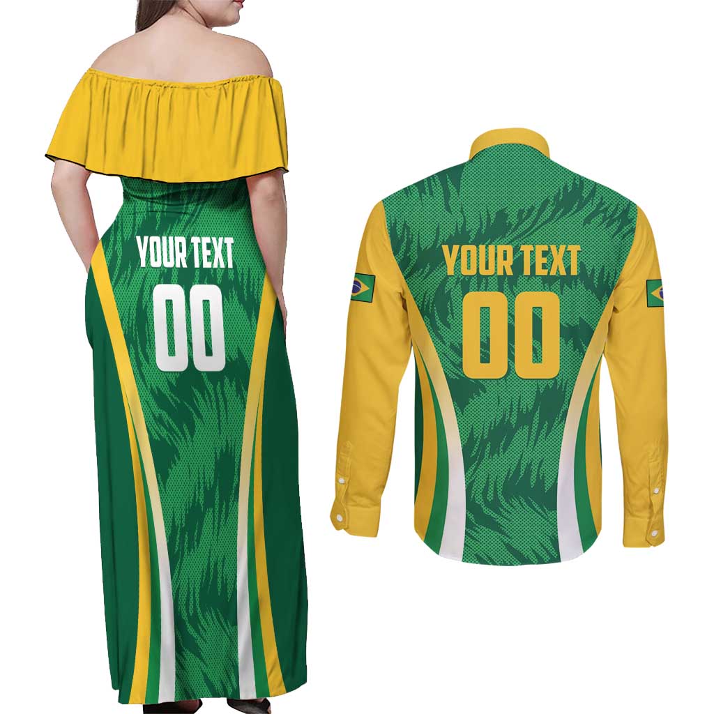 Brazil Basketball Custom Couples Matching Off Shoulder Maxi Dress and Long Sleeve Button Shirt Come On Brasil Cariocas