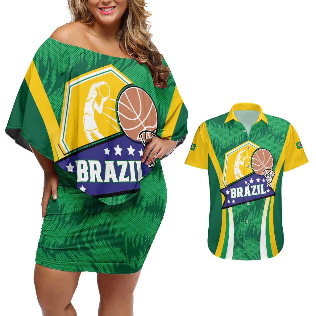 Brazil Basketball Custom Couples Matching Off Shoulder Short Dress and Hawaiian Shirt Come On Brasil Cariocas
