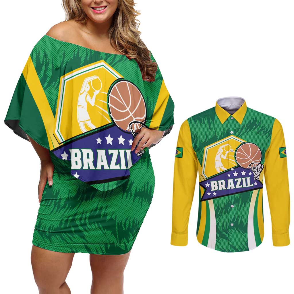 Brazil Basketball Custom Couples Matching Off Shoulder Short Dress and Long Sleeve Button Shirt Come On Brasil Cariocas