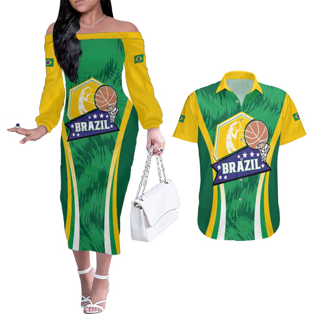 Brazil Basketball Custom Couples Matching Off The Shoulder Long Sleeve Dress and Hawaiian Shirt Come On Brasil Cariocas