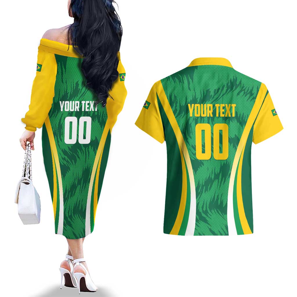 Brazil Basketball Custom Couples Matching Off The Shoulder Long Sleeve Dress and Hawaiian Shirt Come On Brasil Cariocas