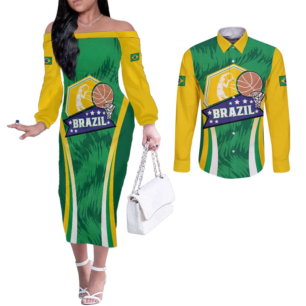 Brazil Basketball Custom Couples Matching Off The Shoulder Long Sleeve Dress and Long Sleeve Button Shirt Come On Brasil Cariocas