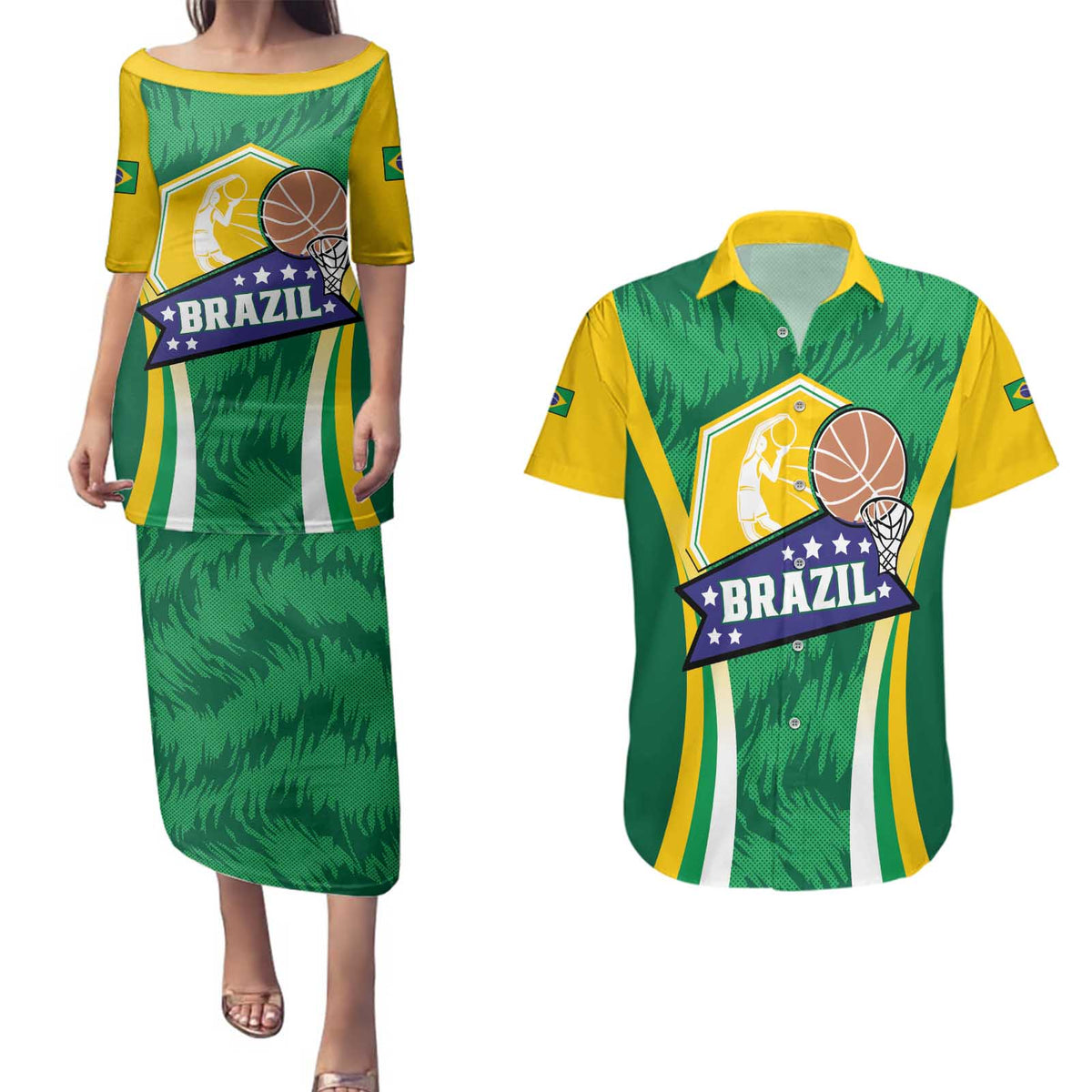 Brazil Basketball Custom Couples Matching Puletasi and Hawaiian Shirt Come On Brasil Cariocas