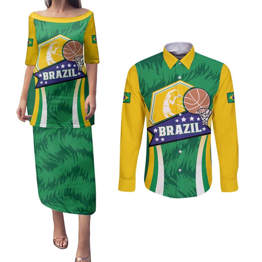 Brazil Basketball Custom Couples Matching Puletasi and Long Sleeve Button Shirt Come On Brasil Cariocas