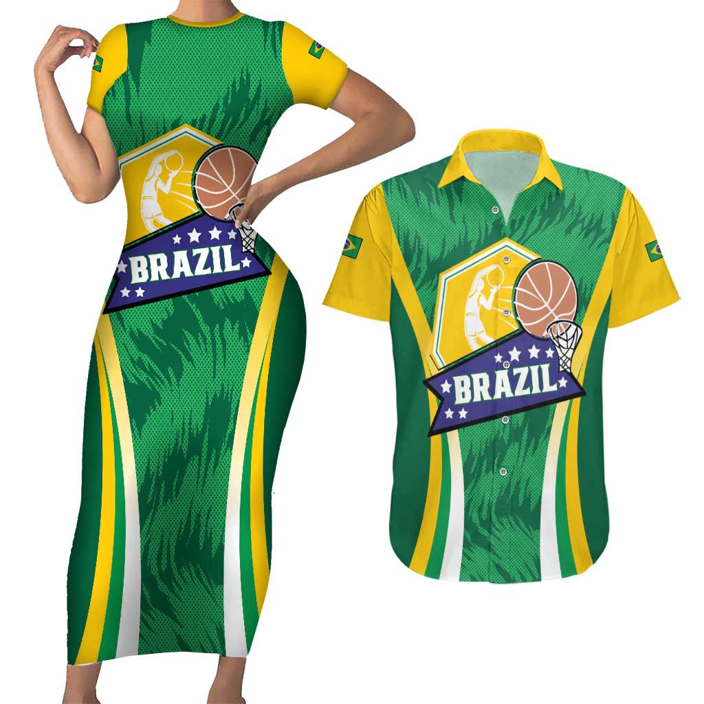 Brazil Basketball Custom Couples Matching Short Sleeve Bodycon Dress and Hawaiian Shirt Come On Brasil Cariocas