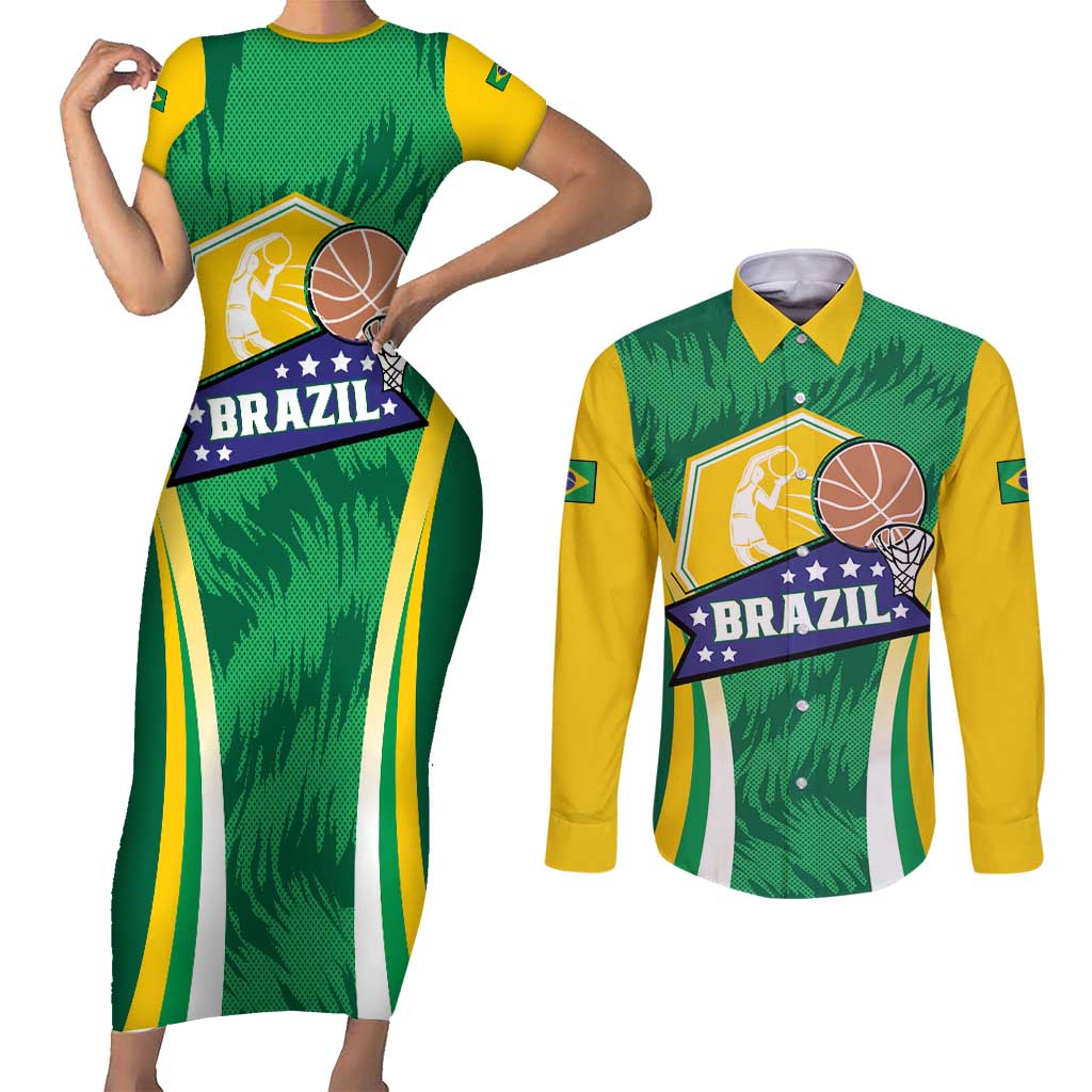 Brazil Basketball Custom Couples Matching Short Sleeve Bodycon Dress and Long Sleeve Button Shirt Come On Brasil Cariocas