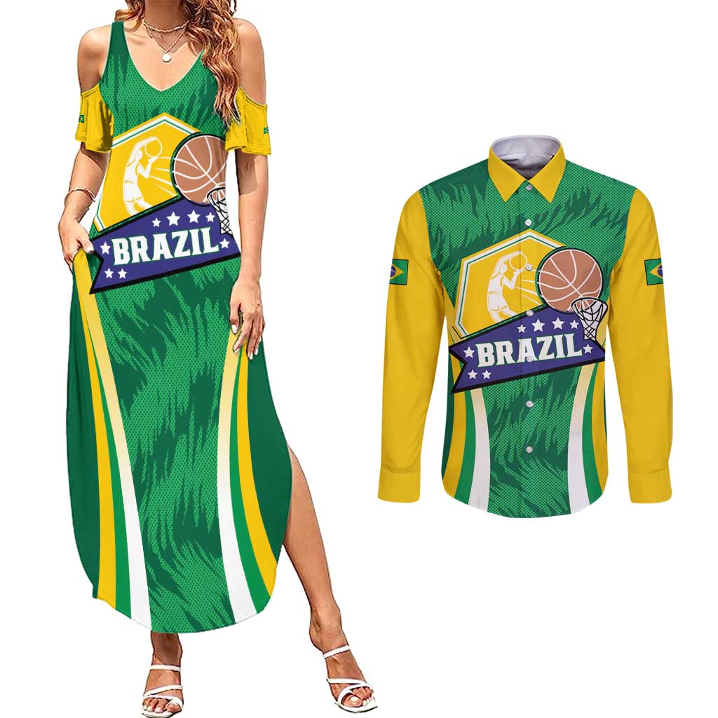 Brazil Basketball Custom Couples Matching Summer Maxi Dress and Long Sleeve Button Shirt Come On Brasil Cariocas