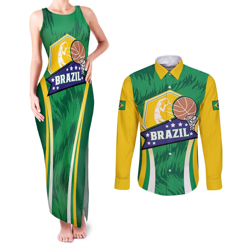 Brazil Basketball Custom Couples Matching Tank Maxi Dress and Long Sleeve Button Shirt Come On Brasil Cariocas