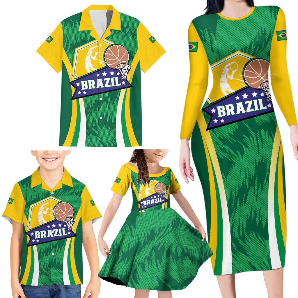 Brazil Basketball Custom Family Matching Long Sleeve Bodycon Dress and Hawaiian Shirt Come On Brasil Cariocas